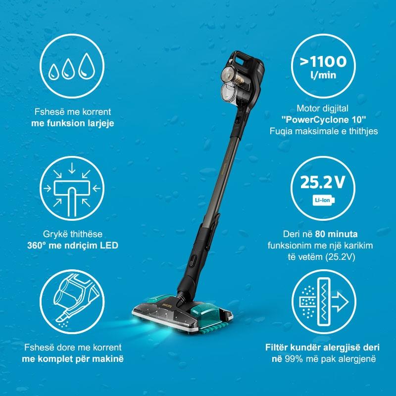 Philips 3 n&euml; 1: gryk&euml; thith&euml;se 360&deg;, sistem p&euml;r grumbullimin e pluhurit dhe p&euml;r larje, fshes&euml; dore me korrent