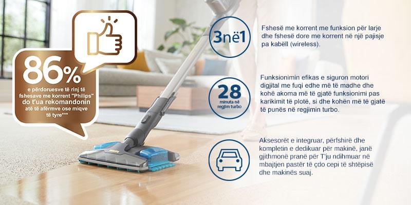 Philips 3 n&euml; 1: gryk&euml; thith&euml;se 360&deg;, sistem p&euml;r grumbullimin e pluhurit dhe p&euml;r larje, fshes&euml; dore me korrent