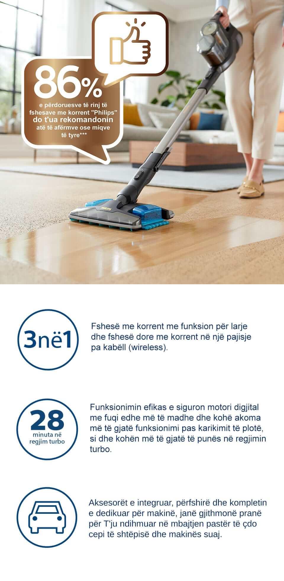 Philips 3 n&euml; 1: gryk&euml; thith&euml;se 360&deg;, sistem p&euml;r grumbullimin e pluhurit dhe p&euml;r larje, fshes&euml; dore me korrent